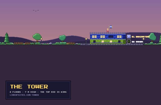 The Tower: a pixel building at dusk with a king on the battlements and logo signs on every floor