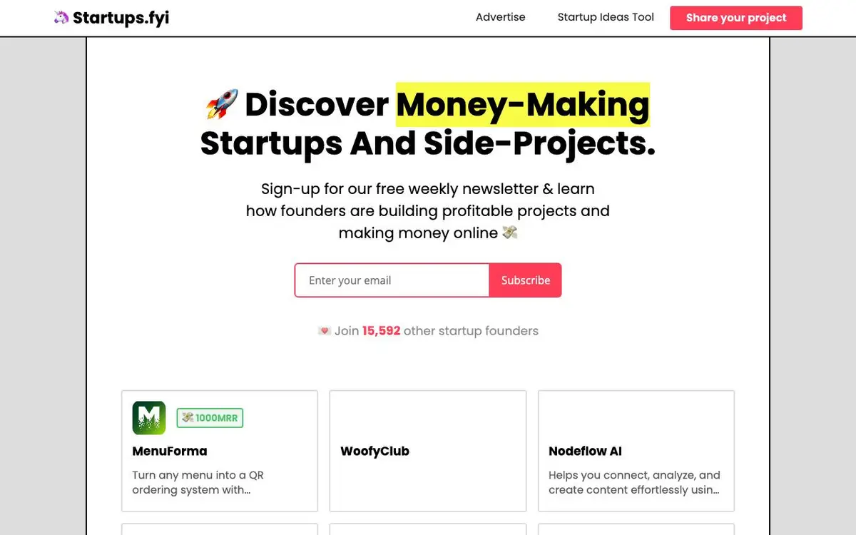 Screenshot of Startups.fyi